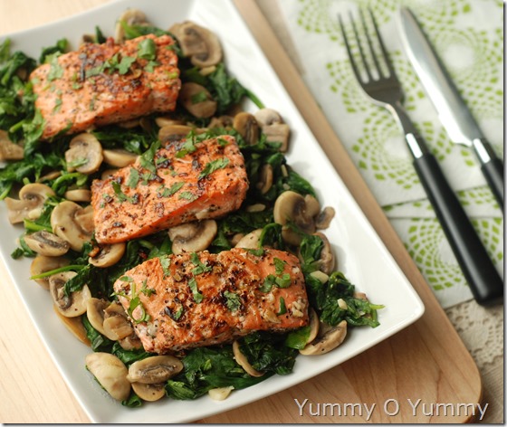 Salmon with sauteed spinach and mushrooms