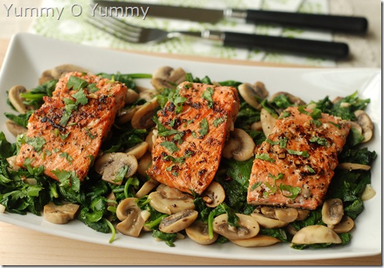 Pan-fried Salmon with sauteed spinach and mushrooms
